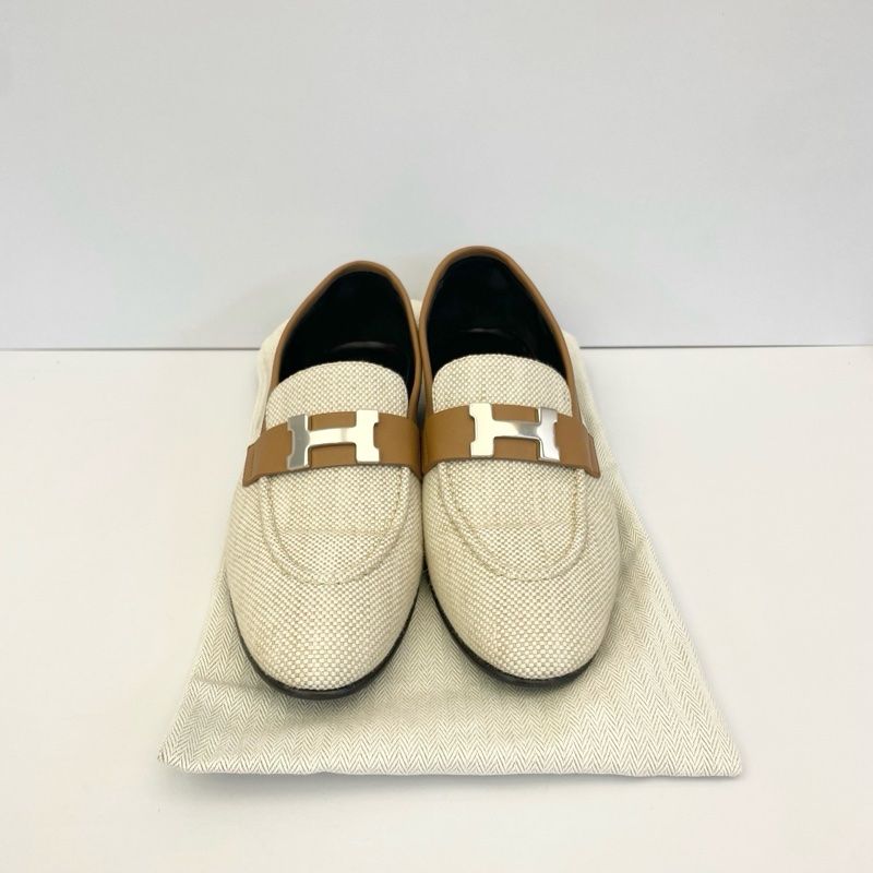 Hermès 愛馬仕 Oran織物帆布拼皮樂福鞋 37.5碼 配塵袋-1