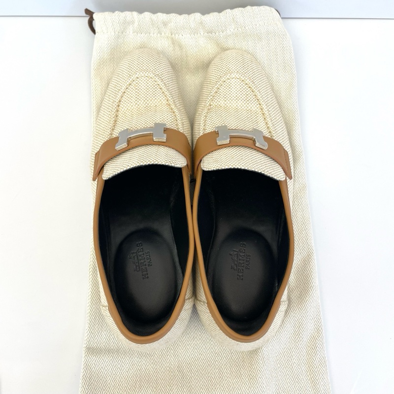 Hermès 愛馬仕 Oran織物帆布拼皮樂福鞋 37.5碼 配塵袋-2