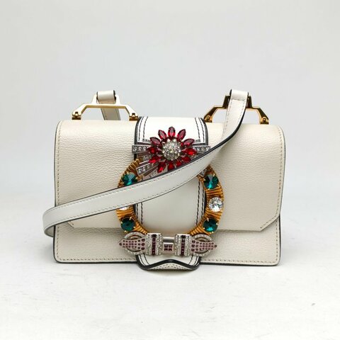 MIU MIU 白色牛皮金銀扣太陽花水鑽裝飾肩背包