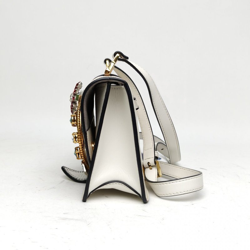 MIU MIU 白色牛皮金銀扣太陽花水鑽裝飾肩背包-1