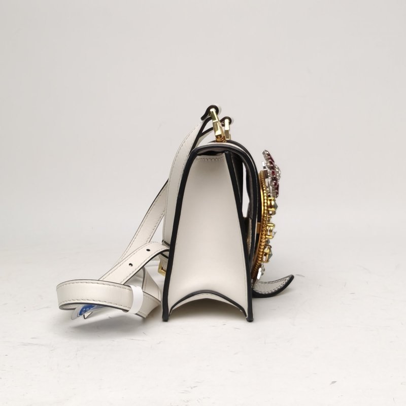 MIU MIU 白色牛皮金銀扣太陽花水鑽裝飾肩背包-3