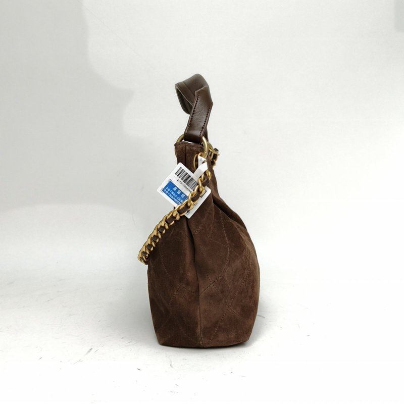 CHANEL 26C嬉皮hobo腋下包小號咖色麂皮晶片金扣肩背包-1