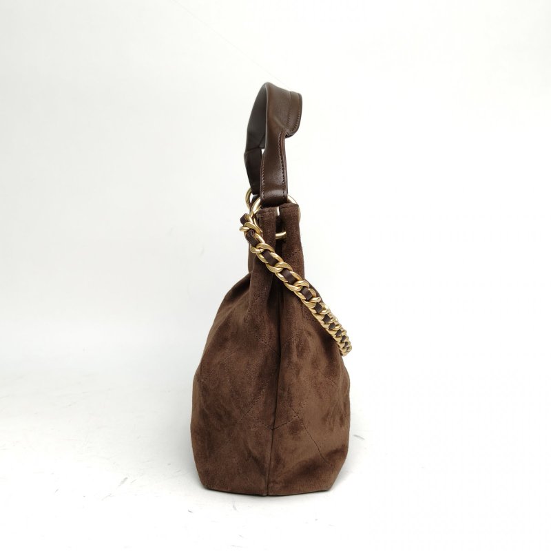 CHANEL 26C嬉皮hobo腋下包小號咖色麂皮晶片金扣肩背包-3