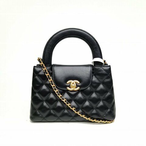 CHANEL 23KKelly鏈條手提包小號黑色牛皮晶片金扣肩背包