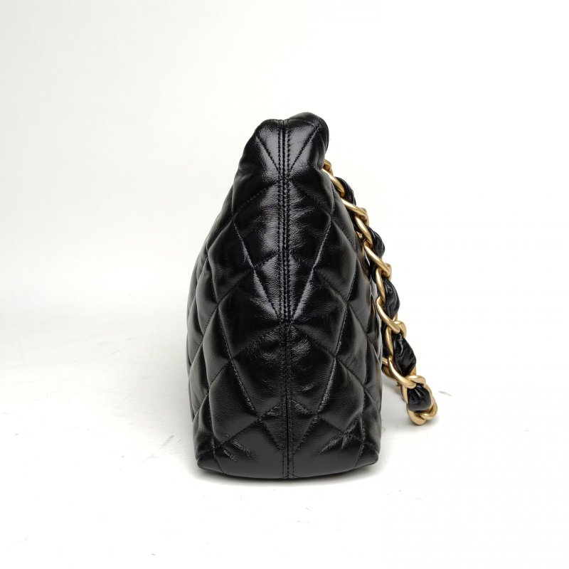 CHANEL 黑色羊皮晶片開金扣24Ahobo嬉皮包大號肩背包-3