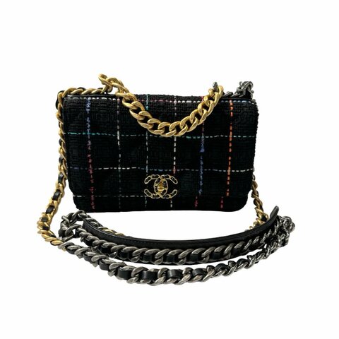 Unused CHANEL 19 Tweed Chain Shoulder Bag Black GHW