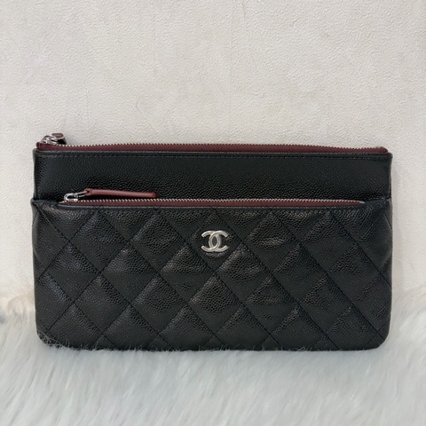 CHANEL AP1704 黑荔枝皮 牛皮 銀釦 一字拉鍊 雙層 手拿包 萬用包