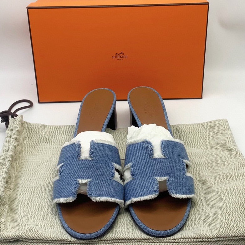 閒置新未使用 Hermes愛馬仕新款牛仔流蘇經典H高跟拖鞋 37碼 塵袋+盒-0