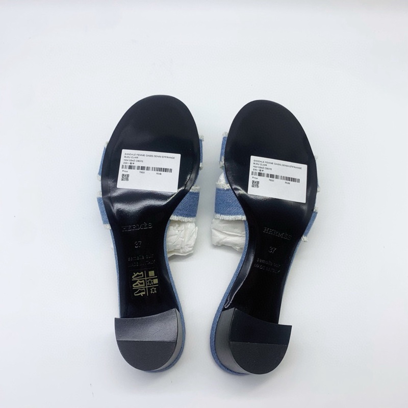 閒置新未使用 Hermes愛馬仕新款牛仔流蘇經典H高跟拖鞋 37碼 塵袋+盒-3