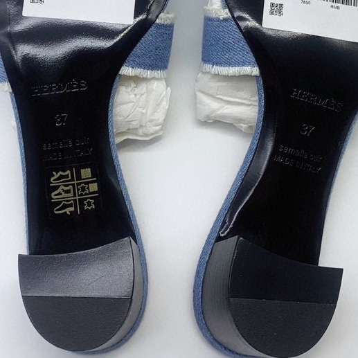 閒置新未使用 Hermes愛馬仕新款牛仔流蘇經典H高跟拖鞋 37碼 塵袋+盒-4
