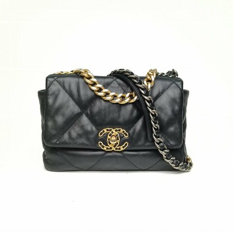 CHANEL 19BAG口蓋包小號黑色羊皮30開金銀扣肩背包