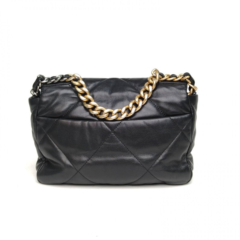 CHANEL 19BAG口蓋包小號黑色羊皮30開金銀扣肩背包-2