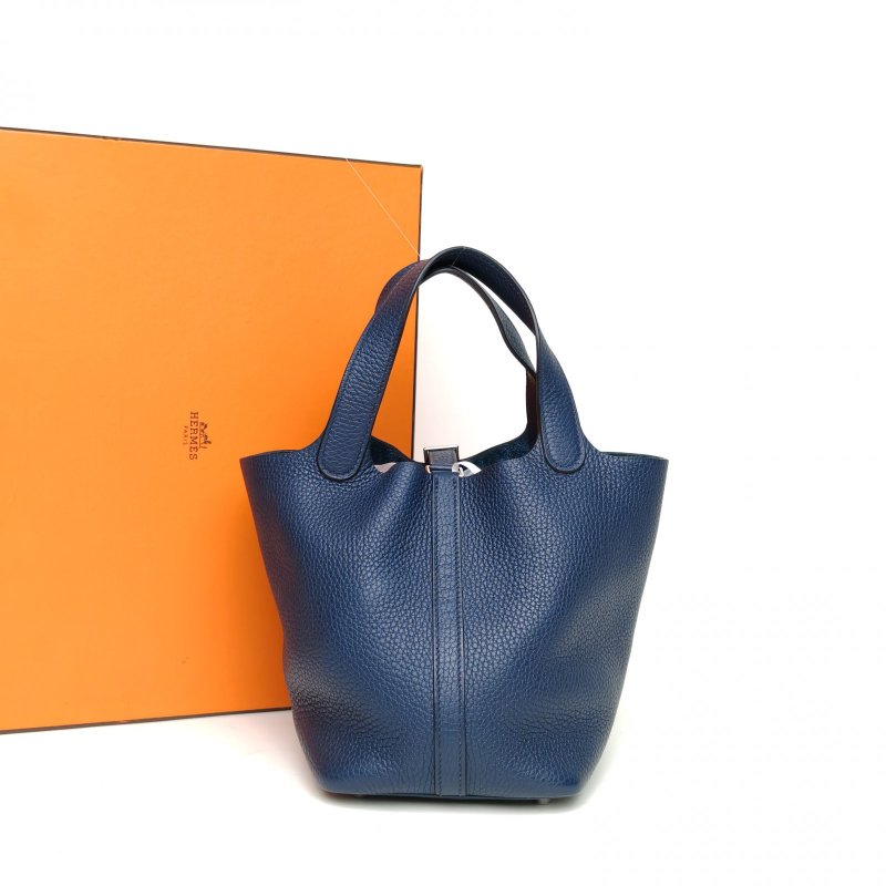 HERMES Picotin菜籃子18深邃藍TC皮U刻銀扣肩背包-1