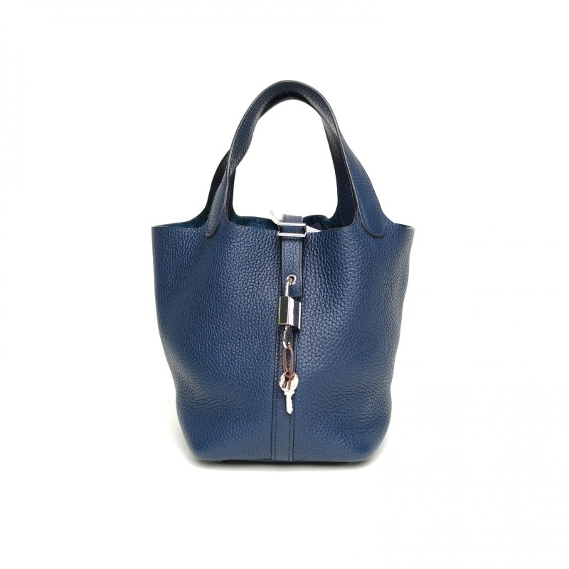HERMES Picotin菜籃子18深邃藍TC皮U刻銀扣肩背包-3