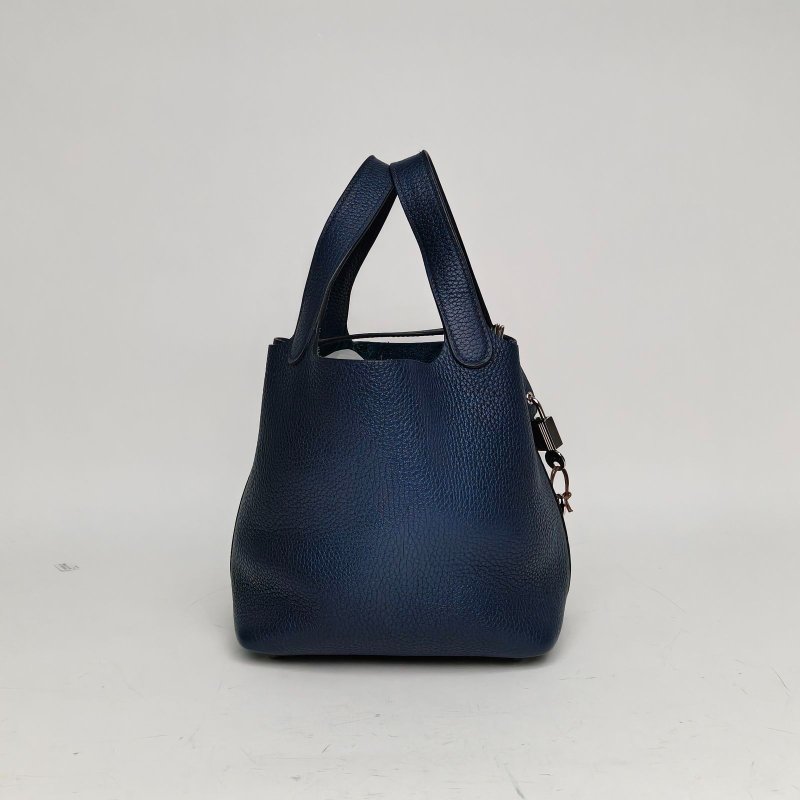 HERMES Picotin菜籃子18深邃藍TC皮U刻銀扣肩背包-4