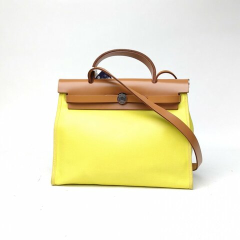 HERMES Herbag31檸檬黃防水帆布A刻銀扣肩背包
