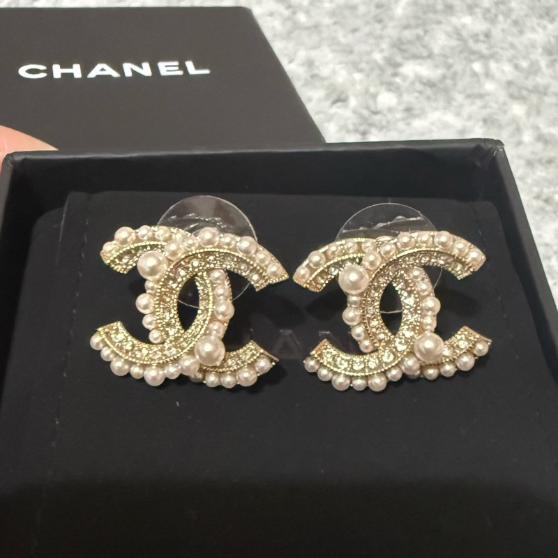 Chanel香奈兒 雙 C Logo珍珠水鑽耳環-4