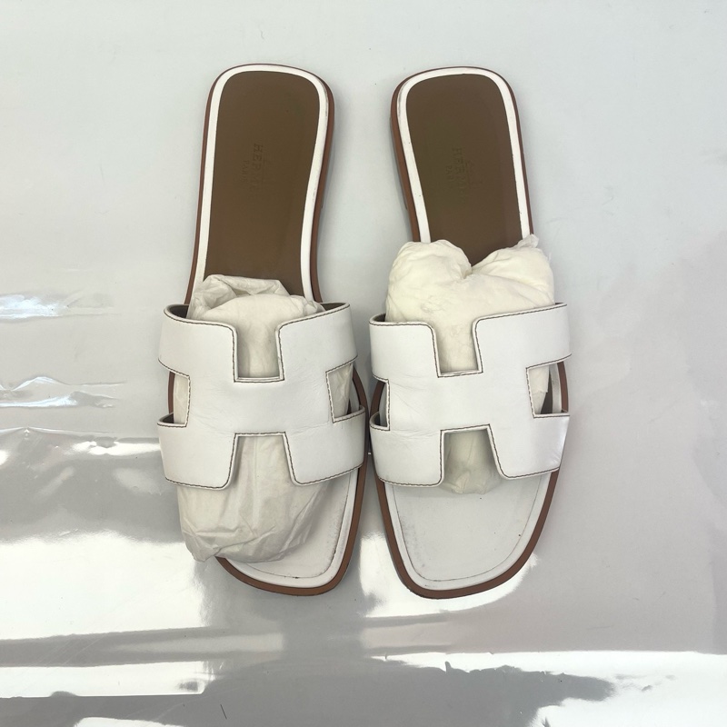 Hermes愛馬仕 白色平底拖鞋 39.5碼  有盒+塵袋-1