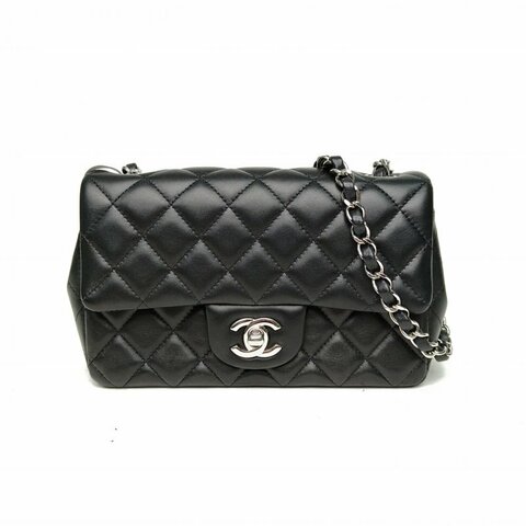 CHANEL CF口蓋包大Mini黑色羊皮28開銀扣肩背包