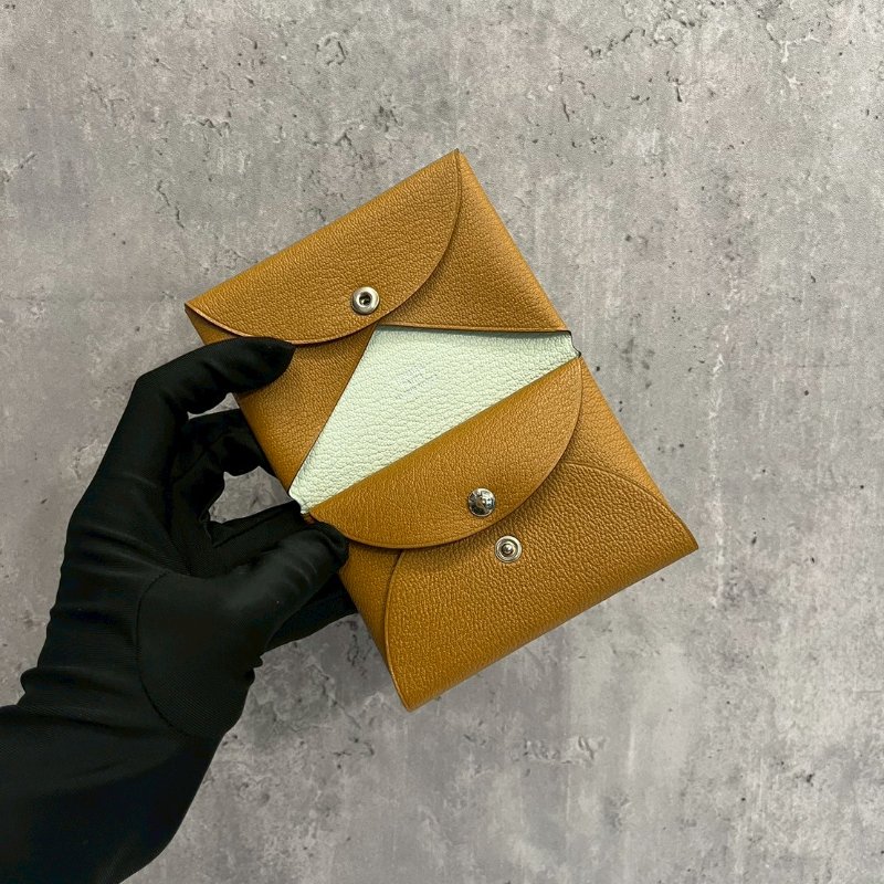 Hermes Calvi Duo焦糖色x氣泡綠B刻 山羊皮卡包-7