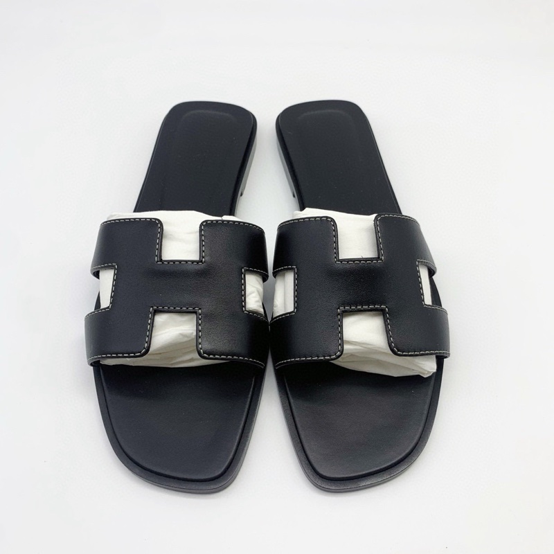 閒置未使用Hermes愛馬仕經典黑色H女士拖鞋 38碼  附件：塵袋+盒-0