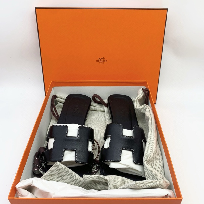 閒置未使用Hermes愛馬仕經典黑色H女士拖鞋 38碼  附件：塵袋+盒-1