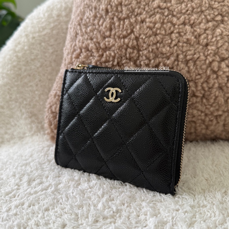 香奈兒 Chanel 經典黑金 荔枝牛皮 方形短夾-1