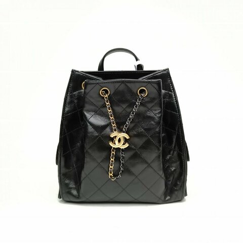 CHANEL 25bag雙肩包黑色牛皮晶片開金銀扣肩背包