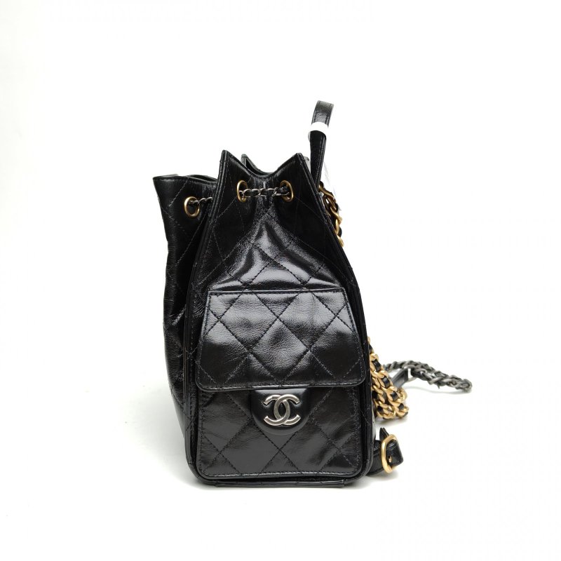 CHANEL 25bag雙肩包黑色牛皮晶片開金銀扣肩背包-1