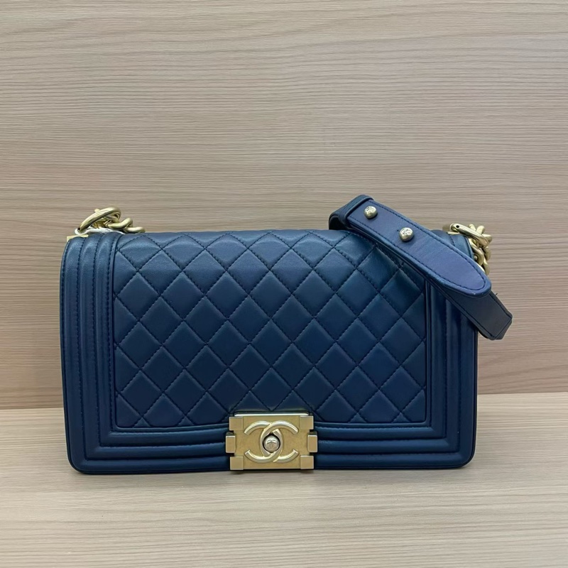 NO:D29 Chanel香奈兒 LEBOY藍金牛皮單肩斜挎鏈條包 中號 24開 2018年 尺寸底長25*高14*寬8 無附件-0