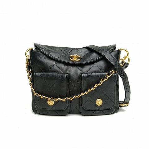 CHANEL Suppletwins24P嬉皮Hobo郵差包黑色晶片金扣肩背包