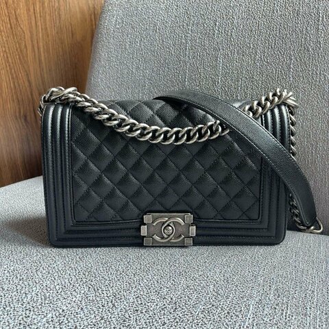 香奈兒/Chanel Leboy中號黑銀荔枝紋牛皮