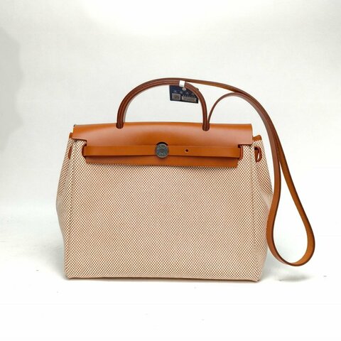 HERMES Herbag31米色拼黃褐色帆布/牛皮B刻銀扣肩背包