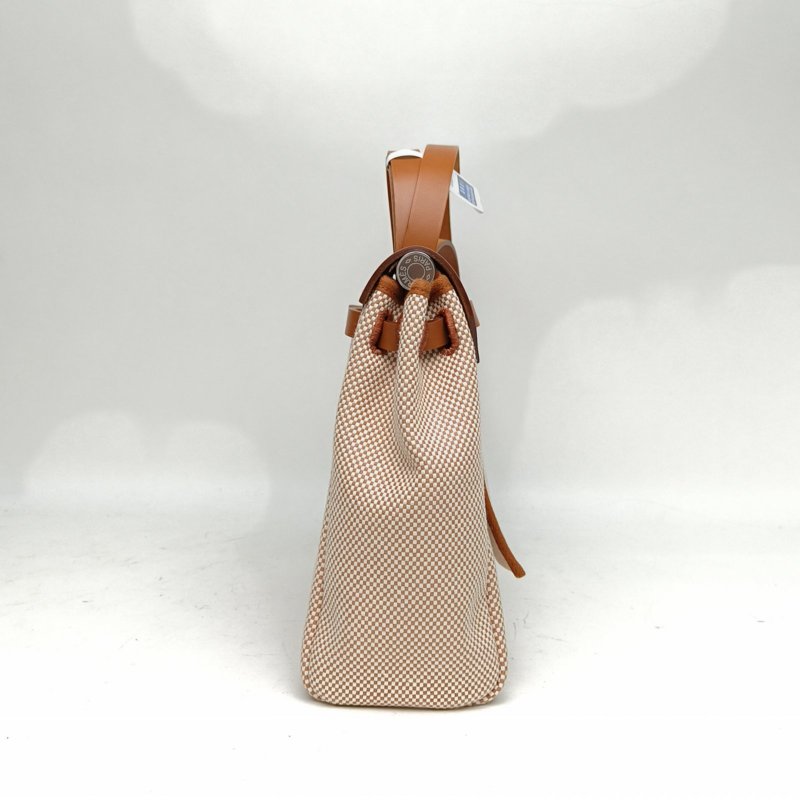 HERMES Herbag31米色拼黃褐色帆布/牛皮B刻銀扣肩背包-1