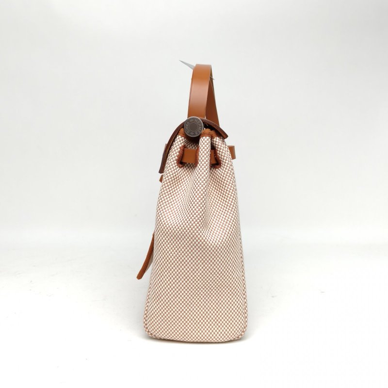 HERMES Herbag31米色拼黃褐色帆布/牛皮B刻銀扣肩背包-3
