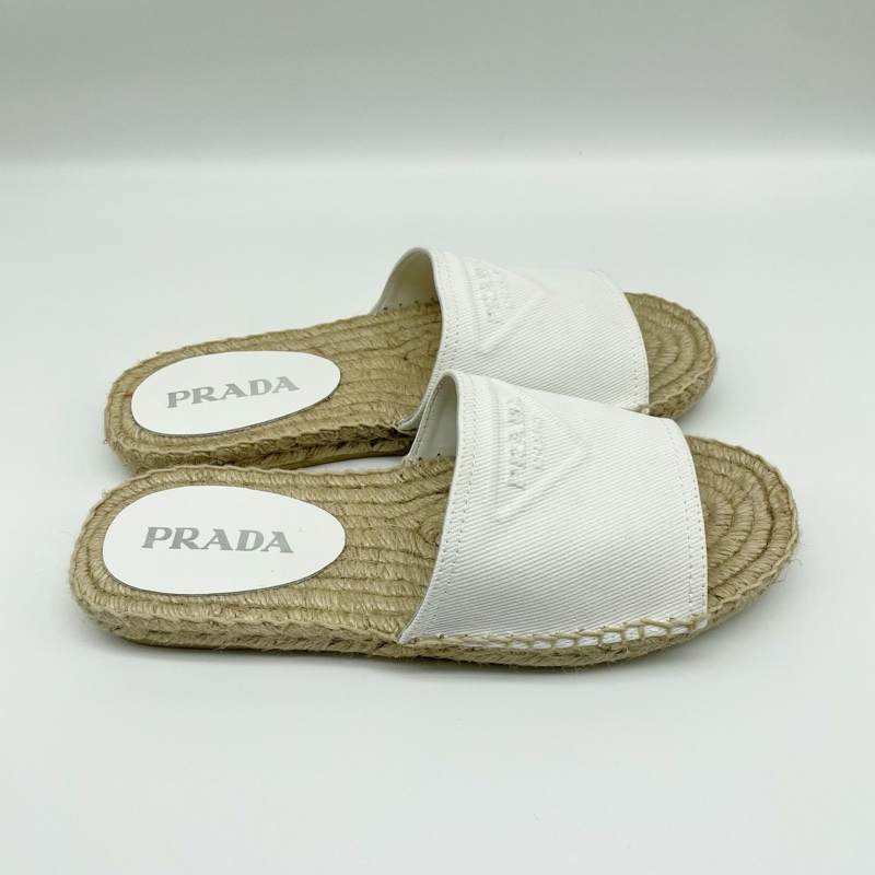 未使用 Prada普拉達 漁夫鞋草編拖鞋 時 38碼 無附件-0
