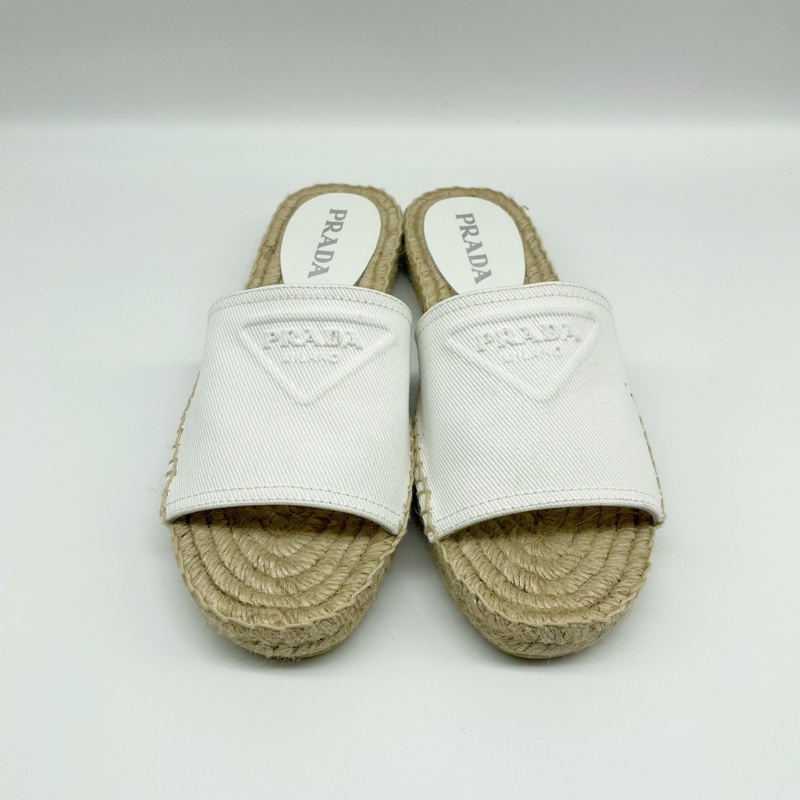 未使用 Prada普拉達 漁夫鞋草編拖鞋 時 38碼 無附件-1