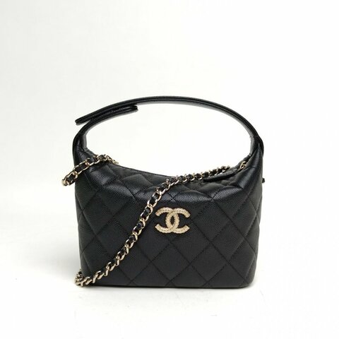 CHANEL 嬉皮HOBO飯盒包25A黑色荔枝牛皮金扣肩背包