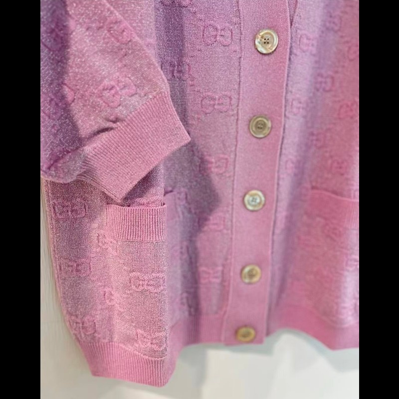 Gucci 古馳金扣粉紅色羊毛冷衫 GG圖案 S碼-1