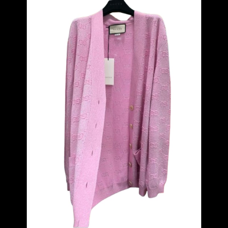 Gucci 古馳金扣粉紅色羊毛冷衫 GG圖案 S碼-4