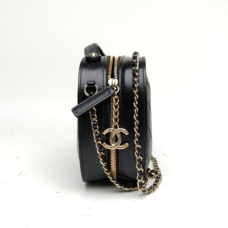 CHANEL 黑色牛皮27開金扣雞蛋包鏈條包化妝盒子肩背包-3