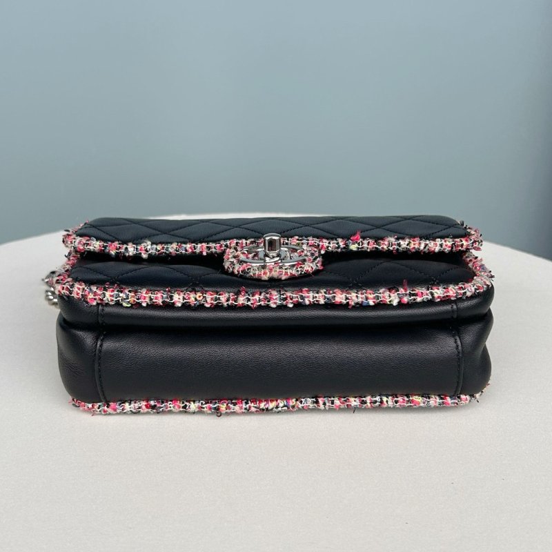 香奈兒/Chanel 黑色羊皮拼毛呢CF肩背斜背包-2