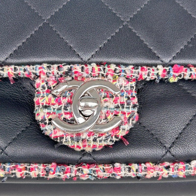 香奈兒/Chanel 黑色羊皮拼毛呢CF肩背斜背包-3