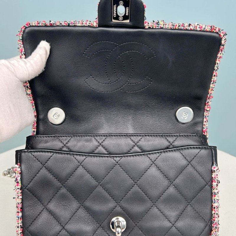 香奈兒/Chanel 黑色羊皮拼毛呢CF肩背斜背包-4