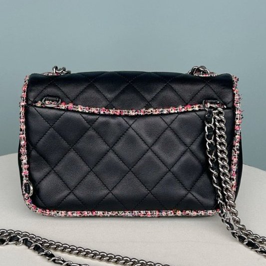 香奈兒/Chanel 黑色羊皮拼毛呢CF肩背斜背包-7