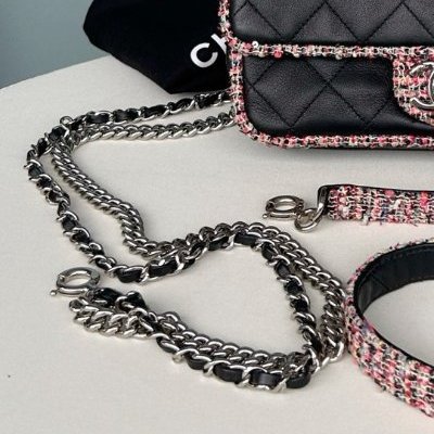 香奈兒/Chanel 黑色羊皮拼毛呢CF肩背斜背包-10