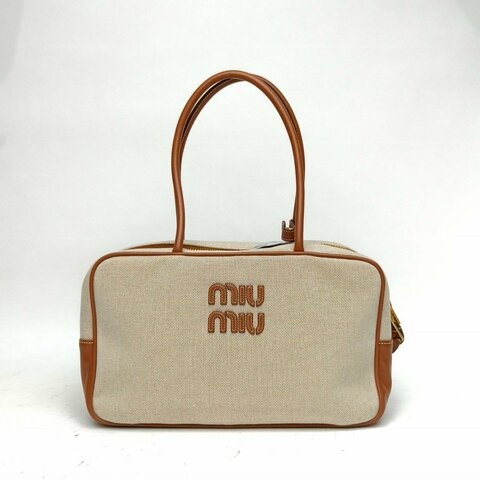 MIU MIU 24SS秀款徽標手提公事包米白色帆布肩背包