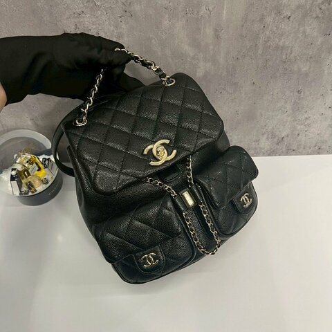Chanel Duma小青蛙 中號 黑金荔枝牛 後背包 晶片款