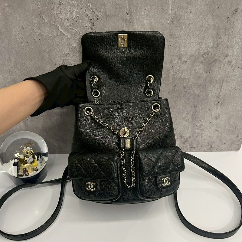 Chanel Duma小青蛙 中號 黑金荔枝牛 後背包 晶片款-7