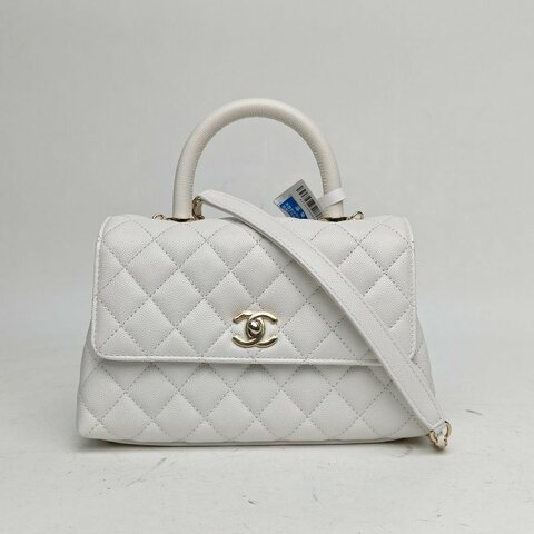 CHANEL CocoHandle小號白色荔枝牛皮晶片金扣肩背包